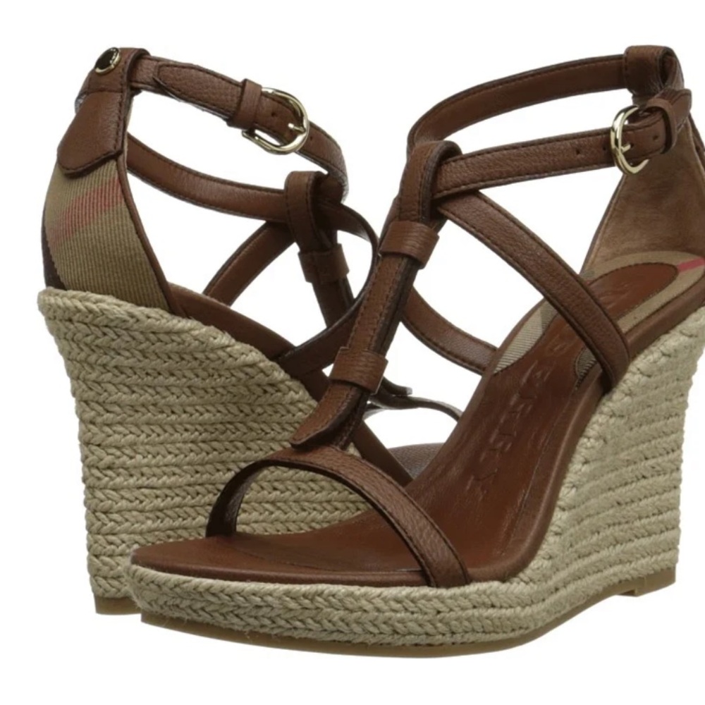 Authentic Burberry Brown Leather Espadrille Wedge Sandals nova Check 38.5